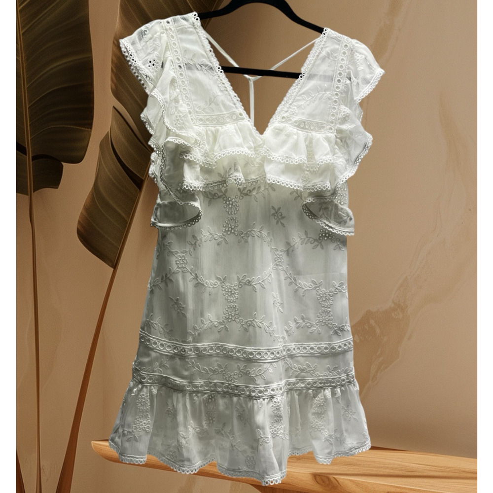 Tularosa Ruffle Chiffon Lined Mini Dress Ivory V Neck Romantic Cottage Size XS